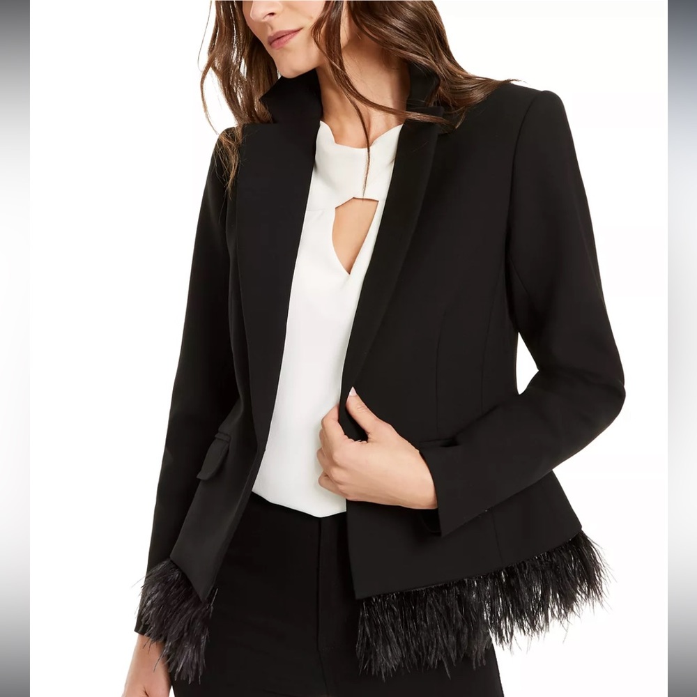 Trina Turk Rikka Feather Trim Womans Black Blazer Size 0